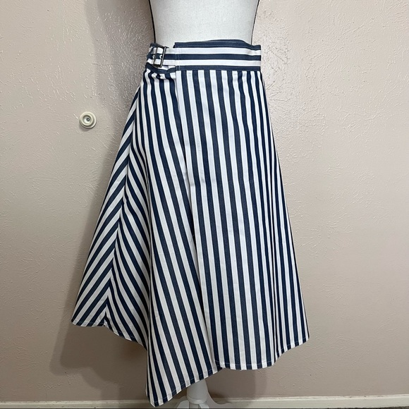 SOLD E Anthropologie Maeve Blue Striped Asymmetric Skirt - Picture 2 of 10